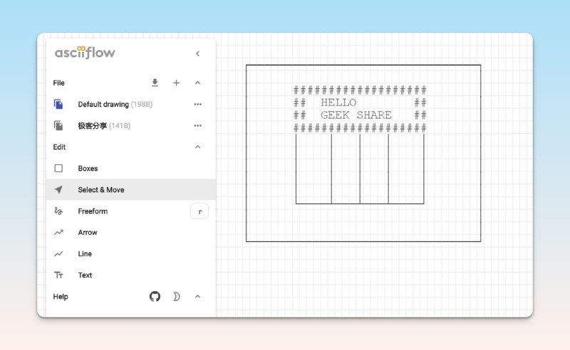 #工具 #开源 #在线⚙️ASCIIFlow - 一款通过 ASCII 编码来绘制图表的在线工具🧩开源地址📃使用 ASCII 编码，可以画出非常酷的直线、矩形、箭头、曲线等图形你画的这些图形可以复制到代码当中充当注释📢关注频道：@geekshare 💬加入群聊：@igeekshare📮欢迎投稿：@Geekshare_bot