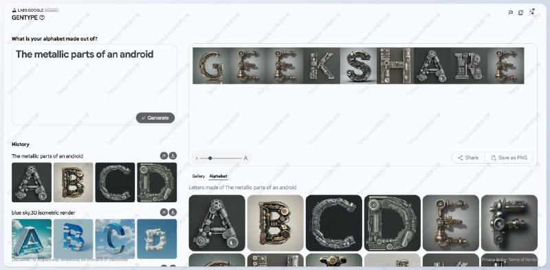 #Google #AI #图像处理 #AI绘画🌐 GenType - Google 推出的 AI 字母生成工具GenType 基于 Google Imagen2 API 构建它可以根据提示词内容生成 26 个字母的创意图片，还可以通过这 26 个字母图片制作各种单词图片📮投稿    📢频道    💬群聊    🔎索引