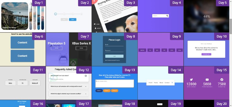 #开源 #开发 #前端💻50projects50days - 一个含有50个前端项目的代码仓库预览地址📃都是纯HTML+CSS+JS实现的小项目，代码可以自己复制粘贴使用效果大多都比较炫酷，当然不是华而不实的那种，只是国内网站比较少见非常适合新手练习📢频道：@geekshare💬群组：@igeekshare📮投稿：@Geekshare_bot