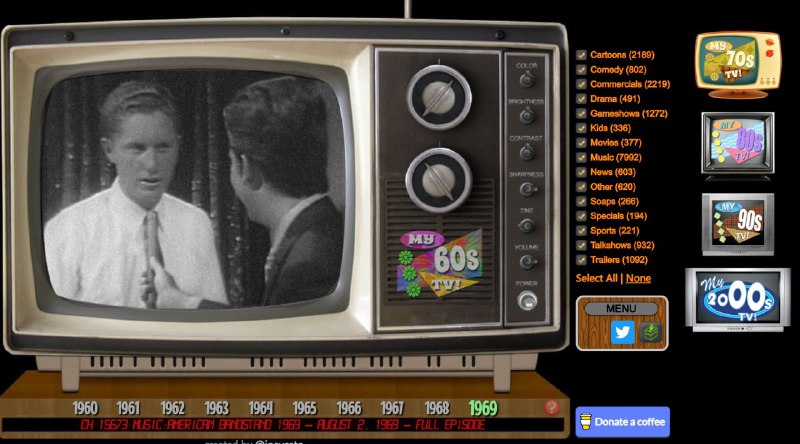 #网站My Retro TVs - 中文名“我的复古电视”，它可以让你纪念过去几十年的流行文化记忆📃它包括许多选项，可以真实地模拟 60 年代、70 年代、80 年代、90 年代或 00 年代的电视频道冲浪的复古体验频道： @geeksharebot：@Geekshare_bot