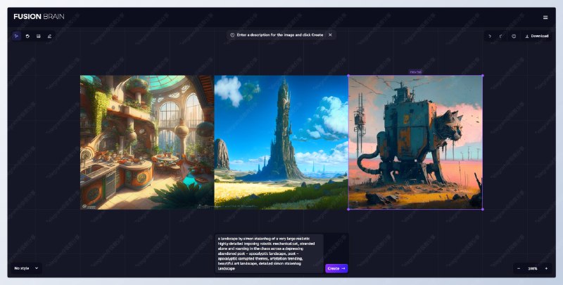 #AI绘画 #AI #网站FusionBrain - 一个免费的 Stable Diffusion AI 绘画网站📄网站使用简单粗暴，直接在下方输入提示词即可生成，左下方还可以选择生成的样式，并支持无限画布，原图下载配合频道内曾经发过的 #prompt 相关内容，你可以零门槛进行 AI 绘画我画了 3 张感觉还可以📮投稿    📢频道    💬群聊