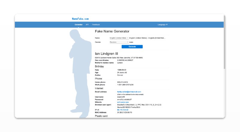 #在线生成 #隐私📖一个生成虚拟身份方案▫️NameFake - 通过此网站，你可以选择国家并生成一份详尽的身份信息▫️此人不存在 - 每刷新一下，都可以生成一张高清的人像图片，看样子生成的大概率是盎格鲁撒克逊人，不过也有概率刷到亚洲人📃虚拟身份生成工具太多了，这里主要介绍可以搭配高清真人头像的使用方案📚相关阅读👤Verif Tools - 一个虚拟身份信息生成器📢关注频道：@geekshare 💬加入群聊：@igeekshare📮欢迎投稿：@Geekshare_bot