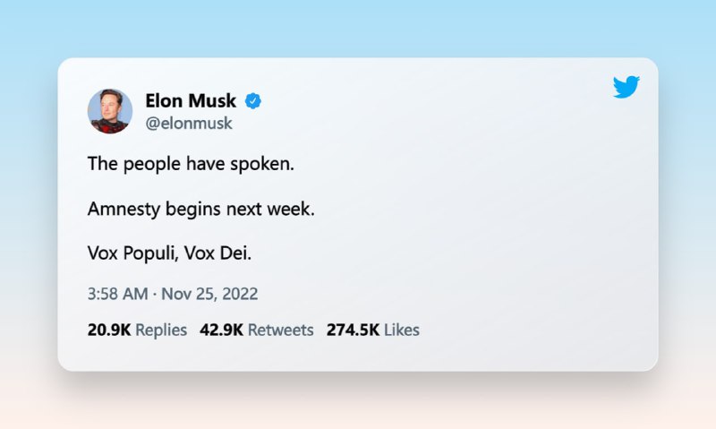 #慢讯Elon Musk于11月24号发起的投票中，有超过7成的人表示同意解封之前被封禁的账号昨日，Elon Musk发推称，将于下周大赦推特📢关注频道：@geekshare 💬加入群聊：@igeekshare📮欢迎投稿：@Geekshare_bot