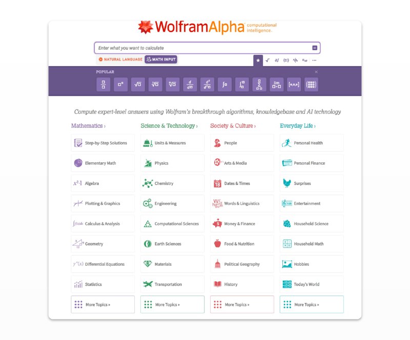 #搜索引擎 #工具 #数据🔎Wolfram Alpha - 一个集成了绘图计算器、参考书图书馆、在线问答系统、以及搜索引擎的综合型工具📃原本想叫它智能搜索引擎的，但是他实在又不像一个搜索引擎，所以写了这么多描述它的词它可以完成数学、统计学、物理、化学、材料学、工程学、天文学、地质科学、生命科学、计算机科学、测量学、天气、地理、人文历史、文化、音乐、文学、体育等等的解答或者计算举个例子，你可以用他解高数、作图第一次使用可能有点懵，可以看看官方使用案例📢关注频道：@geekshare 💬加入群聊：@igeekshare📮欢迎投稿：@Geekshare_bot