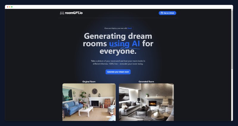 #AI #3D #工具 #开源 #Vercel🏠Room GPT - 一个在线生成「Dream Room」的 AI 工具🧩开源地址📄上传一张你的房屋内部图，顷刻间 AI 便会为你生成你的梦想房间！目前有5种风格供你选择：现代、简约、专业、度假风和复古风生成的效果就是3D渲染图，效果还是不错的📖其使用的是 ControlNet 模型，支持在 Stable Diffusion 中使用 💡每日有限额，如果会折腾的建议自己一键部署到 Vercel📢关注频道：@geekshare 💬加入群聊：@igeekshare📮欢迎投稿：@Geekshare_bot