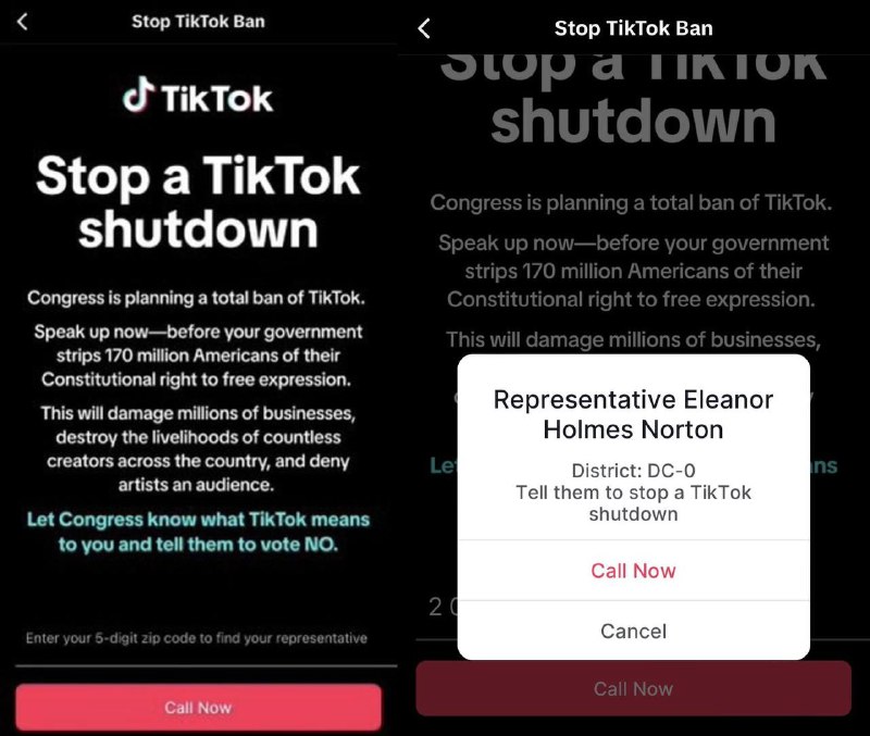 #tiktok📺Tiktok 正在对美国政府贴脸开大Tiktok 美国用户打开应用之后会收到如图提示大致意思政府正在剥夺1.7亿美国人的言论自由和宪法权利最后让用户拨打国会电话