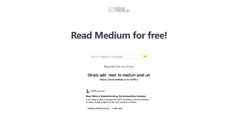 #网站 #阅读 #破解 #脚本✅Read Medium - 一个可以免费阅读 Medium 文章的网站📄在网站中输入 Medium 付费文章链接可以直接免费查看同时也有开发者做了一个油猴脚本，安装之后阅读付费文章时会有网页右侧显示一个解锁标志，点击之后会自动跳转到这个网站➡️已收录至「破解付费阅读」📮投稿    📢频道    💬群聊    🔎索引