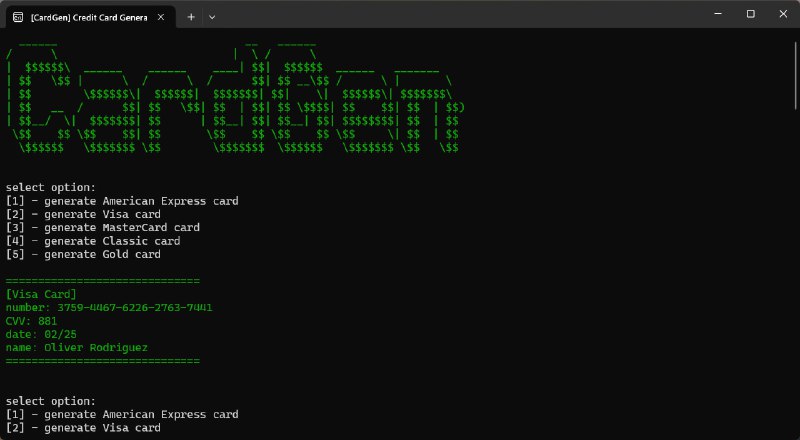 #在线生成 #工具💳CardGen - 一个信用卡生成工具CardGen 可以生成符合卢恩算法的假信用卡号，用于测试电子商务网站或软件应用的信用卡输入功能生成 Visa、MasterCard、American Express 信用卡号，含有效期和 CVV开发者还提到有 1% 的概率能生成有余额的卡号...📑相关阅读虚拟身份方案📮投稿    📢频道    💬群聊    🔎索引