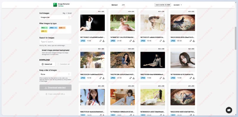 #在线工具 #下载⬇️Extract Pics - 一个提取网页图片的在线工具📄输入需要提取图片的网址，稍等片刻便提取完成支持批量、单独下载图片，还可根据图片大小、长宽、类型、名字等进行排序筛选免费使用，还提供 API 接口