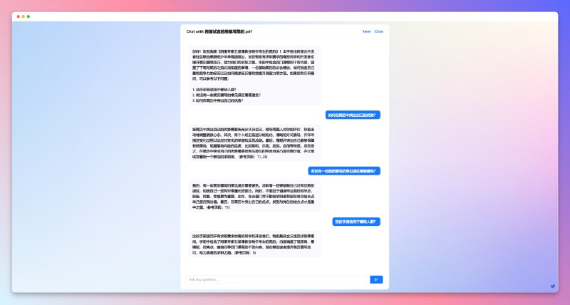 #PDF #阅读 #AI #ChatGPT #电子书ChatPDF - 一个基于 ChatGPT 构建的 AI PDF 聊天机器人📃你可以通过此机器人和上传的 PDF 文件聊天，相当于让 AI 理解你上传的 PDF 里面的东西并且你可以点击右下角在线搜索 PDF 或者粘贴 PDF 地址⚠️注意事项- PDF 页数限制为 120 页，并且还未能支持 PDF 中的图像内容- 上传的 PDF 以及聊天数据存储在服务器中并在 7 天后删除📢关注频道：@geekshare 💬加入群聊：@igeekshare📮欢迎投稿：@Geekshare_bot