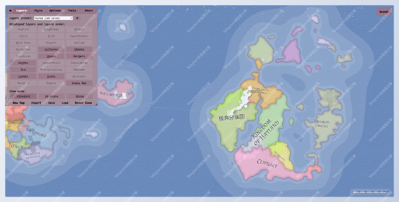 #地图 #工具 #在线生成🗺️FMG - 幻想世界地图生成器教程 | 开源地址📄这个网站可以帮助帮助你构建一个虚拟的世界地图，包含国家、文化、军队、宗教、战争、贸易等元素，由于可玩度和自定义程度实在是太高，建议自己实际体验应用场景我认为还是挺多的，除了本身有兴趣之外，还可以可以拿去做短视频讲解、小说/文章配图等➡️如果你英语阅读有障碍，可以试试网友的汉化版，功能没有原版完整📮投稿    📢频道    💬群聊