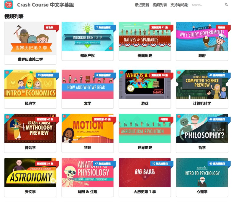 Crash Course 中文字幕组 - Crash Course 中文字幕组是一个翻译了几百集国外高质量视频课程的完全免费学习网站；它的视频课程全部来自国外（YouTube频道名称叫Crash Course）质量非常高，并且网站全部翻译成了中文字幕，视频连接到国内的bilibili，对国内网络不好的同学非常友好，让你学习起来非常轻松