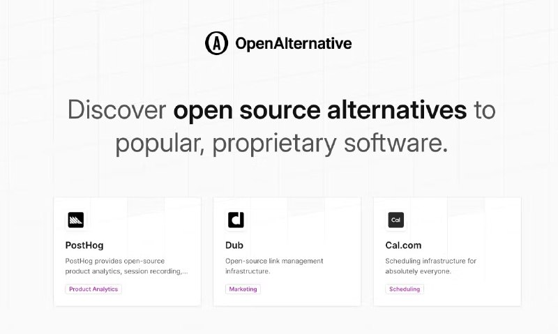 #开源 #代替方案⭐️OpenAlternative - 一个发现开源替代软件的网站🌐开源页面你可以在 OpenAlternative 发现各种付费软件的开源替代方案同时这个网站是开源的，可以自己部署一个➡️已收录至「替代方案合集」📮投稿    📢频道    💬群聊    🔎索引