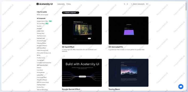 #前端 #网站🌏Aceternity UI - 一个炫酷的动效代码库📄网站包含多种前端动态效果，可以在线体验和一键复制代码📑相关阅读▫️Lusion Labs - 一个收集炫酷前端网页的网站▫️Handsome-css-lib - 收集网上仅靠 CSS 与 HTML 就可以实现的动效UI📮投稿    📢频道    💬群聊    🔎索引