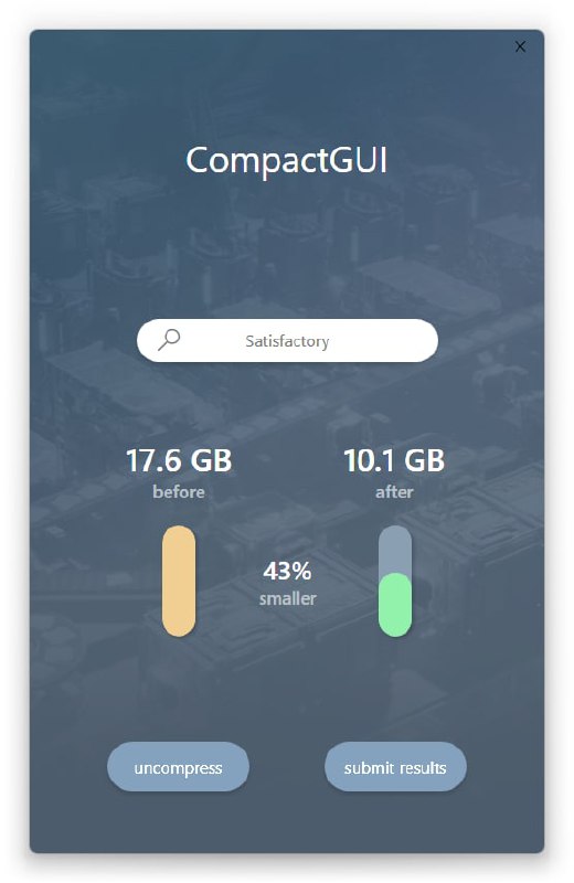 #工具 #windows #开源CompactGUI - 一款开源的压缩程序工具⏬下载页📃通过这个工具，你可以有效的压缩你安装在Windows上的应用程序使用非常简单，你只要找到程序安装目录，剩下只需要点一下“compress”就可以完成当然这个工具也不是万能的，毕竟是以性能换取存储空间，所以压缩之后性能肯定会有所下降📢频道：@geekshare💬群组：@igeekshare📮投稿：@Geekshare_bot#工具 #windows #开源CompactGUI - 一款开源的压缩程序工具⏬下载页📃通过这个工具，你可以有效的压缩你安装在Windows上的应用程序使用非常简单，你只要找到程序安装目录，剩下只需要点一下“compress”就可以完成当然这个工具也不是万能的，毕竟是以性能换取存储空间，所以压缩之后性能肯定会有所下降📢频道：@geekshare💬群组：@igeekshare📮投稿：@Geekshare_bot