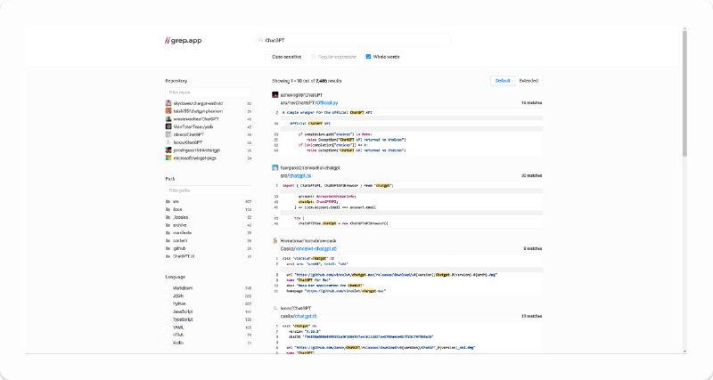 #在线 #工具 #开发 #开源🔎grep.app - 一个在线代码搜索工具📃输入代码片段，顷刻间Grep便可以从50 万个开源仓库中检索出结果搜索时可选区分大小写、正则表达式以及单词搜索📢关注频道：@geekshare 💬加入群聊：@igeekshare📮欢迎投稿：@Geekshare_bot