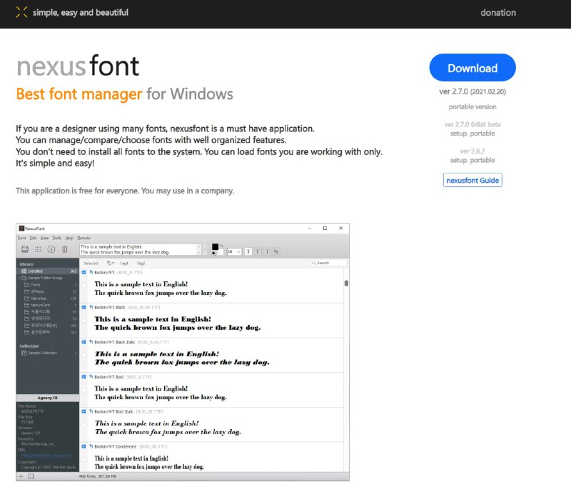 nexusfont - 一款免费的字体管理软件，配合之前推荐过的免费字体下载网站猫啃网，可以实现一站式全免费管理 #字体 