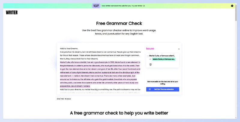 #英语 #AI #工具Free Grammar Check - 一个AI 语法检查器📄利用该工具，可以让你的文本清晰、无误、易懂它会检查你的每一种类型的错误，从错误的标点符号到细微的语法错误、不规则的动词变位、拼写错误的单词等等...📢关注频道：@geekshare 💬加入群聊：@igeekshare📮欢迎投稿：@Geekshare_bot