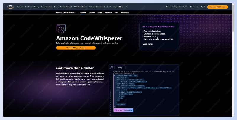 #AI #开发 #工具 #编程CodeWhisperer - 一款可以帮助程序员提高效率的免费代码生成工具📖视频教程📄CodeWhisperer 是亚马逊旗下的 AI 编程辅助工具，对个人用户免费开放，并且支持中文💬使用体验① CodeWhisperer 并非像 ChatGPT 一样输入需求就给你生成完整代码② 生成代码需要输入一个需求注释，然后按一下「Alt+c」，它才会给你生成第一行代码，确定要就按一下「Tab」，然后继续一行一行生成③ 目前只有 Python/Java/js/ts/c# 支持多行输出，其他语言的暂不支持④ 整体体验比较一般，不如 Cursor，但是胜在免费对个人使用，希望它变得更好🔖相关阅读Cursor - 一款集成了 GPT-4 的 AI 代码生成工具📢关注频道：@geekshare 💬加入群聊：@igeekshare📮欢迎投稿：@Geekshare_bot