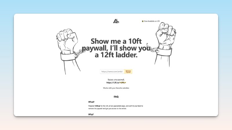 #工具 #阅读 #破解🧑🏻‍💻12ft.io - 一个去除付费内容的工具📃输入付费阅读页面地址，你可以直接阅读付费内容，实测端传媒有效当然，你也可以通过安装Bypass Paywalls这个插件绕过付费内容并且这个项目页面提供了支持的网站，我测试了一下，12ft.io也支持其中大部分网站➡️已收录至「破解付费阅读」