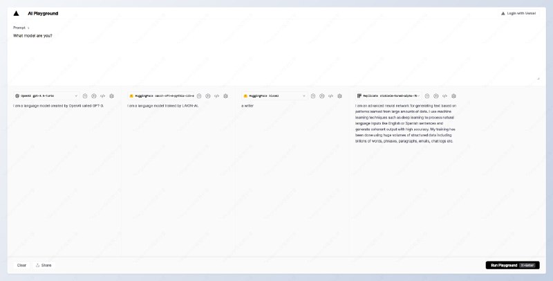 #AI #vercelVercel AI Playground - 一个对比 AI 生成效果的网站📄Vercel 是一个网站托管平台，前不久上线了 AI Playground，用户可以在上面评测多款 AI 大语言模型，其中自然也包含 GPT-4，共包含 20 个📮投稿    📢频道    💬群聊