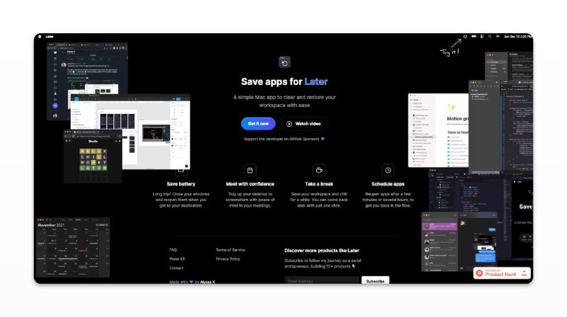 #mac #工具⏳Later - 一款可清除和恢复你MAC应用的APP🧩开源地址 | ⏬直接下载💡Features- 一键隐藏或关闭所有应用- 支持一键恢复- 支持自定义恢复时间📢关注频道：@geekshare 💬加入群聊：@igeekshare📮欢迎投稿：@Geekshare_bot