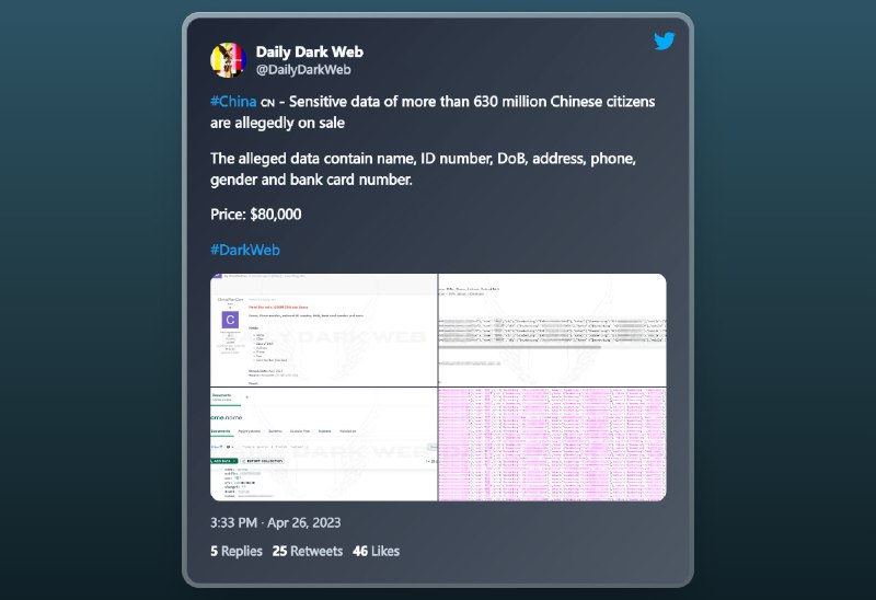 #鲁讯有推文称超过 6.3 亿中国公民的敏感数据正在被出售所谓的数据包括姓名、身份证号码、DoB（出生日期）、地址、电话、性别和银行卡号码售价：80,000 美元，约合人民币 55W*消息源 | 泄露样本*由于消息真实性待验证，所以标记为鲁讯