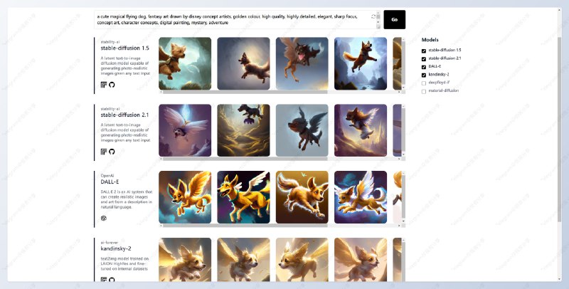 #AI绘画 #对比 #网站Zoo - 一个可以比较多 AI 绘画模型效果的网站📄输入提示词，网站便会给出 Stable Diffusion 1.5 / 2.1 / DALL-E / kandinsky-2 / deepfloyd-if / material-diffusion 这 6 种 AI 绘画模型生成的图片，可以直观比较各个模型的效果，每次会生成 3 个，不支持成人内容📮投稿    📢频道    💬群聊