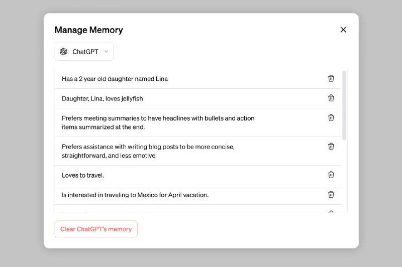 #ChatGPT #AI⭐ ChatGPT 记忆功能升级：引用全部历史对话ChatGPT记忆功能现已升级，可引用用户全部历史对话记录，基于用户偏好与兴趣提供更个性化、更相关的回应