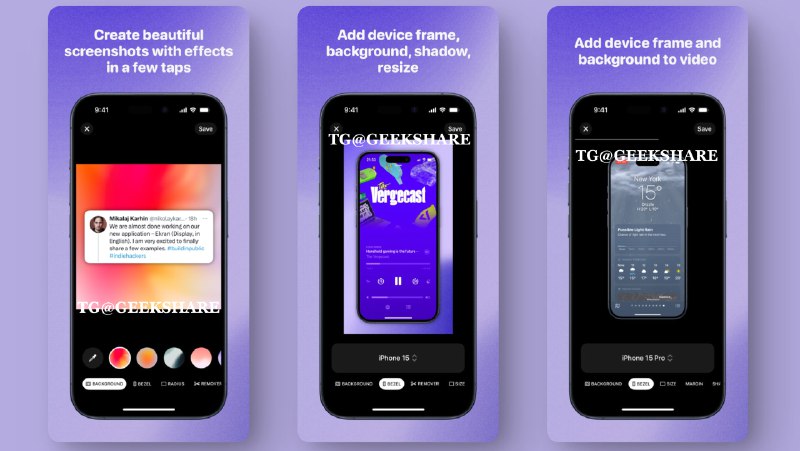 #iOS #APP #工具🖼Ekran - 一款美化截图和视频的 APP 📄该 APP 可以将图片或视频转化为精美的适合分享的模板，支持 Mac免费版只是有一个小小的水印，我觉得很好用📮投稿    📢频道    💬群聊    🔎索引