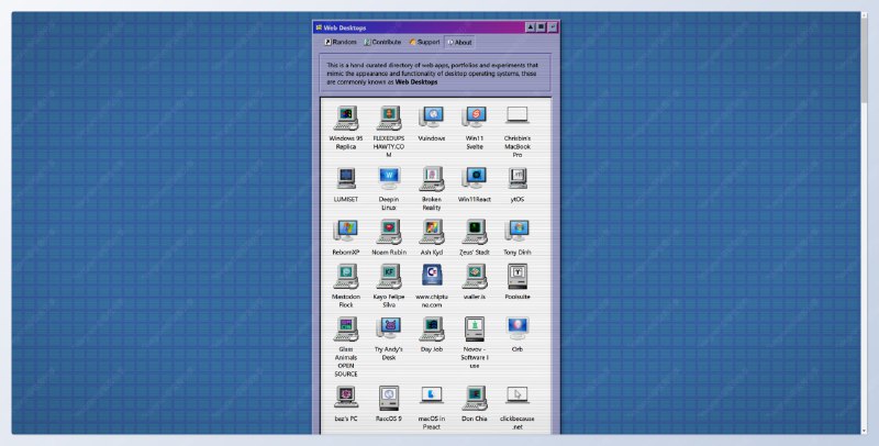#合集 #操作系统 #趣站Awesome Web Desktops - 用 web 实现的 162 个桌面操作系统合集开发者主页📄你可以在此网页在线体验 162 个桌面操作系统，同时也可以在此页面找到部分系统的源码开发者非常热衷于复古计算机，并且非常喜欢90年代和2000年代初的仿拟设计用户界面，所以当你点开他的主页可以看到一个非常复古界面📮投稿    📢频道    💬群聊