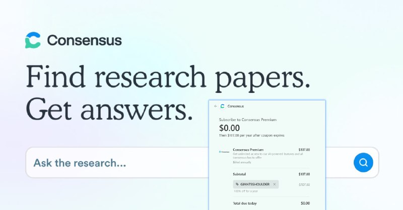 #搜索引擎 #AI🔎 Consensus（共识） - 一个基于 AI，能在科学论文中为你找到答案的搜索引擎你有没有想问的每个问题都用用科学论文回答会得到怎么样的答案？只要提出一个问题，Consensus 就会立即阅读数以百万计的研究论文并给出答案