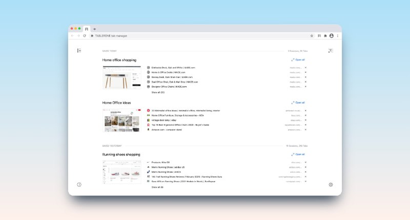 #插件 #工具 #chrome🧩TABLERONE - 一款Chrome标签管理工具💡Feature- 稍后阅读- 鼠标移至链接有预览图- 恢复丢失的标签- 让标签进入睡眠模式- 贴标签管理打开的窗口- 支出导入/导出数据📃这是一个功能非常丰富的标签页管理工具，比oneTab功能更多，暂不支持中文，可以浏览器翻译📢关注频道：@geekshare 💬加入群聊：@igeekshare📮欢迎投稿：@Geekshare_bot