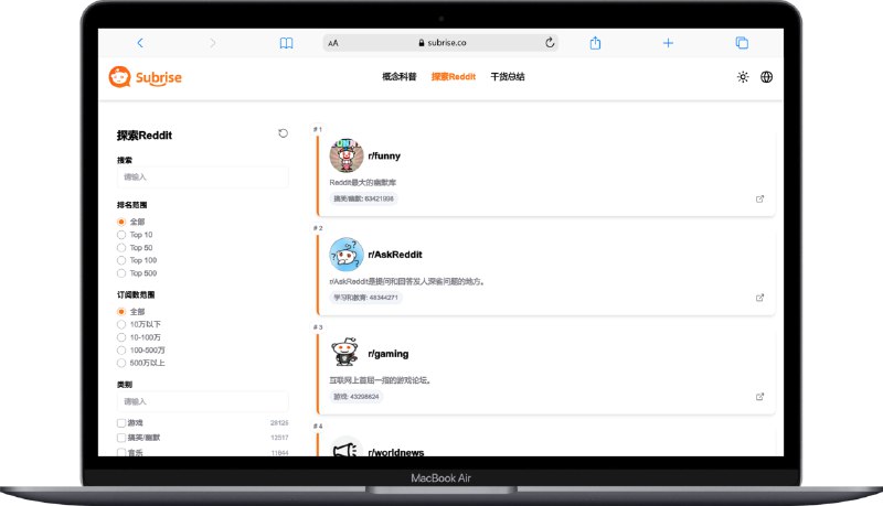 #网站 #出海 #Reddit🎲 Subrise - 一个专业的 Reddit 流量变现工具Subrise 旨在帮助创业者在海外扩展业务网站提供 Reddit 的相关概念科普、每个 Sub 的相关信息，以及适合推广的内容和注意事项➡️ 已收录至「Reddit」📮投稿    📢频道    💬群聊    🔎索引