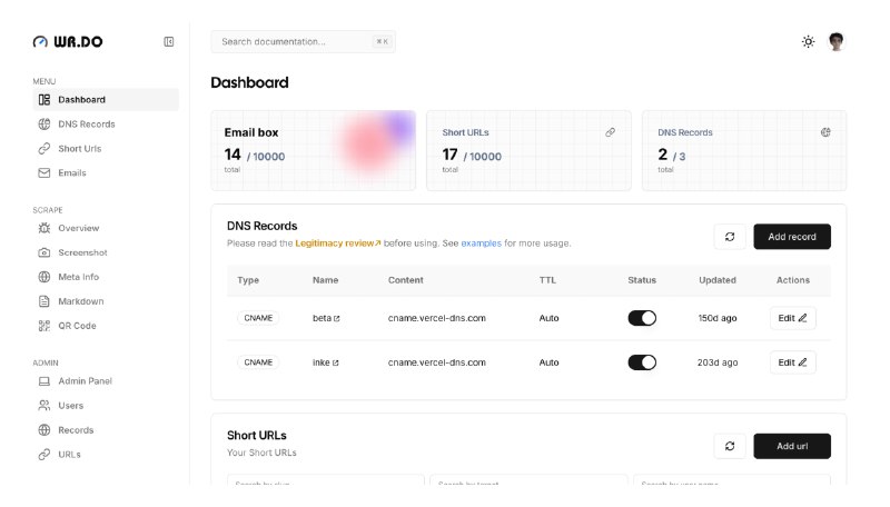 #开源 #建站 #Cloudflare🌏 WR.DO -  一个短链、临时邮箱、临时聊天室以及子域名管理聚合平台WR.DO同时拥有短链生成、临时邮箱、管理 DNS 记录等强大功能支持一键部署📮投稿    📢频道    💬群聊    🔎索引
