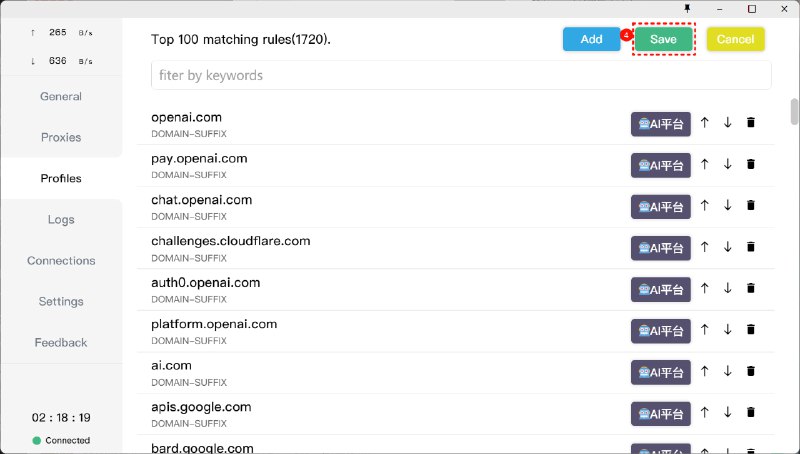 如何在 Clash 上快速添加分流规则1.右击订阅，选择规则2.点击添加3.分别填入网址或者IP、类型、命中规则4.点击保存！#翻墙 #教程如何在 Clash 上快速添加分流规则1.右击订阅，选择规则2.点击添加3.分别填入网址或者IP、类型、命中规则4.点击保存！#翻墙 #教程