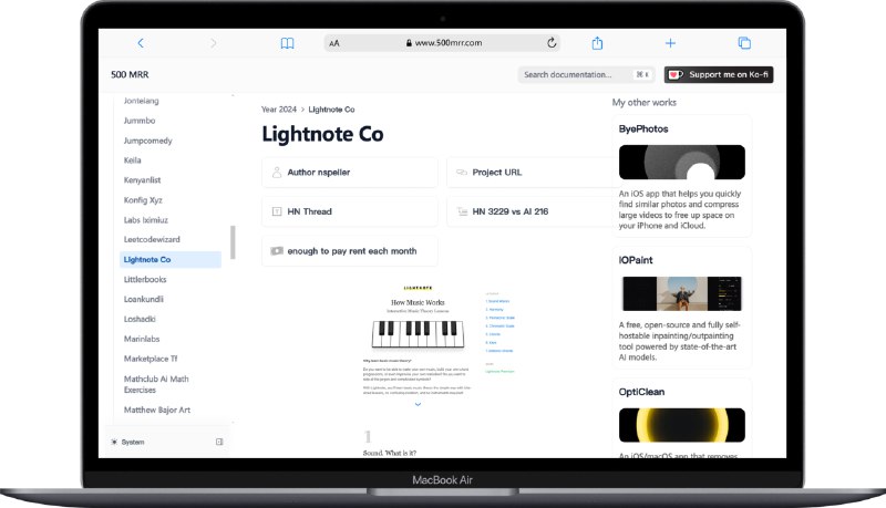 #网站💵 500 MRR - 收录每月能赚取 500 美元收入的网站信息500 MRR 通过 AI 处理并分析 Hacker News 上每月赚取 500 美元的帖子创建此网站并提供项目描述、收入、截图、技术实现、AI 分析等信息