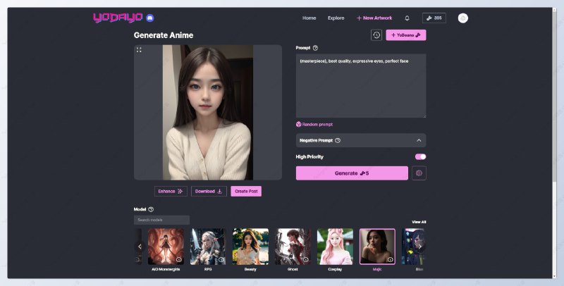 #AI绘画 #AIyodayo - 一个 AI 图片生成网站📄点击「Generate AI art」输入 Prompt ，然后选择想要的模型，即可开始创作，免费用户可以生成 80 张同时网站还提供了用户分享社区，进入之后点击右上角「Setting」还可以显示 NSFW 内容📮投稿    📢频道    💬群聊