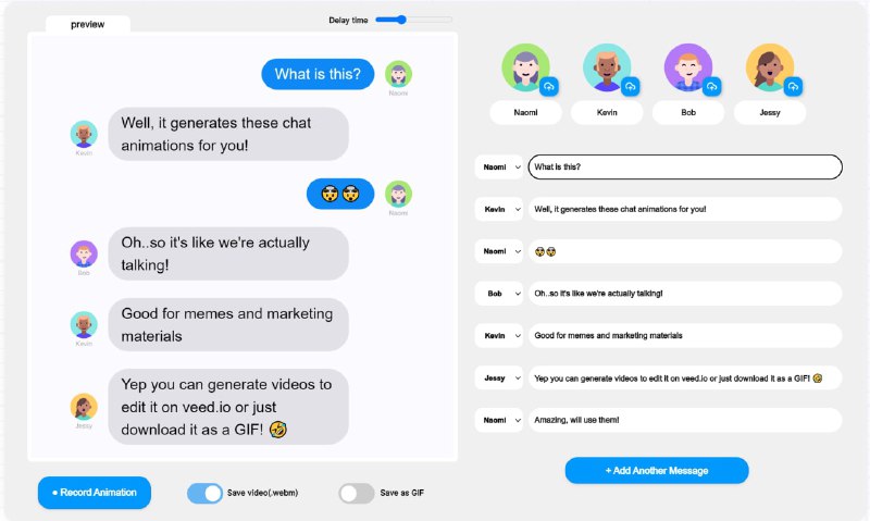 Text Chat Animator - 在线制作虚拟对话动画Features-最多支持四个虚拟人物，可自定义头像-为不同人物定制说话顺序和发言内容- 自定义下一条对话弹出延迟- 以 .webm 视频或 GIF 动图形式保存#网站 #在线 #工具 #生成