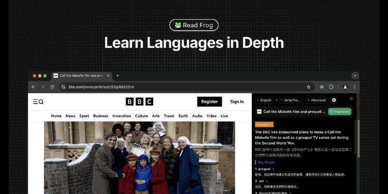 #学习 #英语 #插件🐸 陪读蛙-  一款开源的沉浸式翻译插件插件支持沉浸式翻译、智能内容提取、全面解释、情境学习、多AI模型等功能