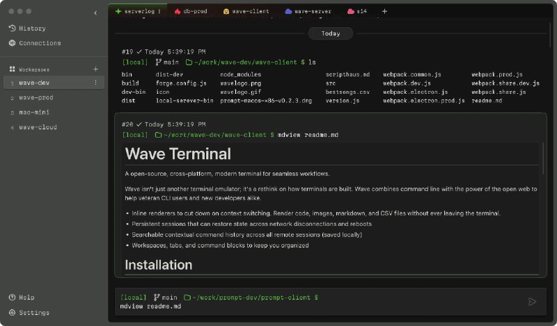 #开源 #终端 #Linux #MacOS⌨Wave - ​一款开源、跨平台的高颜值现代化终端🌐官网 | 📖文档Wave是一个为不习惯使用命令行的人设计的终端📄Wave 最大的特点便是无需离开终端即可预览图片、markdown、CSV 以及 JSON 等文件