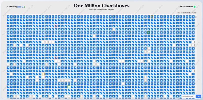 #趣站 #网站✅ 100 万个复选框进入网站可以实时与来自世界各地的网友一起勾选或取消复选框，直到最终全部被选中...如图，我进入网站的时候有 76 万人在线这网站打广告的效果肯定好📮投稿    📢频道    💬群聊    🔎索引