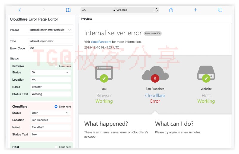 #Cloudflare #在线生成😄 一键甩锅！在线生成 Cloudflare 错误页🐙 开源页面当自己的网站出现问题时可以把错误页面替换成 Cloudflare 错误页，让访问者误以为是 Cloudflare 出问题📮投稿    📢频道    💬群聊    🔎索引