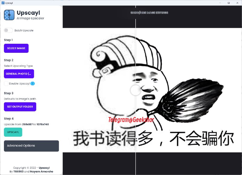 #开源 #图像处理 #AI #工具 #跨平台Upscayl - 一款开源的AI放大图片工具🧩开源地址📄工具支持 MacOS、Linux、Windows，目前使用的的 AI 模型是「Real-ESRGAN」测试效果可观，最高支持4倍放大📢关注频道：@geekshare 💬加入群聊：@igeekshare📮欢迎投稿：@Geekshare_bot