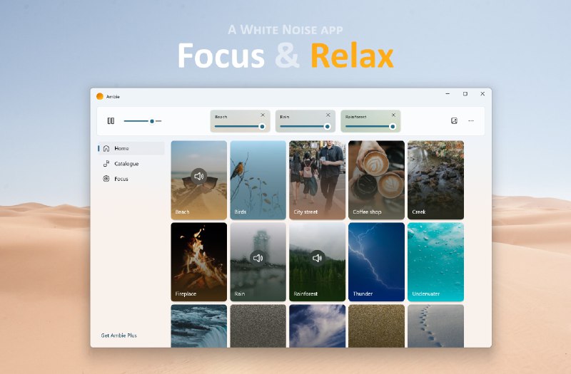 #Windows #效率工具🔊Ambie - 可能是 Windows 上最好的白噪音应用程序💻微软商店 | 🌐GitHub下载📄Ambie 是一款播放白噪声和自然声音的应用程序，旨在帮助用户集中注意力、睡眠和放松（支持中文）除此之外，它还内置了类似番茄闹钟的「专注」功能📮投稿    📢频道    💬群聊