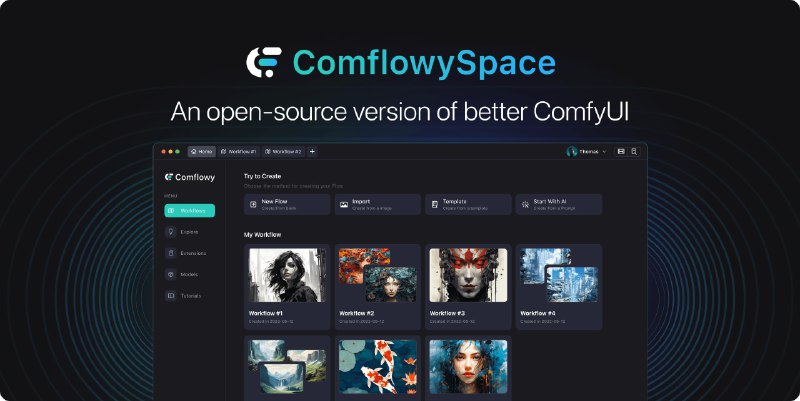 #Ai绘画 #AI #StableDiffusion🖼Comflowyspace - 一款更易用、更有用的 AI 图像、视频生成工具开源页面📄Comflowyspace 由 Comflowy 社区出品，此前向大家介绍过开发者认为开源 AI 图像、视频生成工具值得有更好的交互体验设计，而不是 WebUI 和 ComfyUI 那样原生的样子，故此开发之Comflowy - 一个以「ComfyUI+Stable Diffusion」为核心的内容社区📮投稿    📢频道    💬群聊    🔎索引