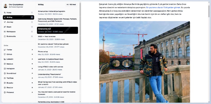 #博客 #建站 #开源🏠onur.dev - 一个简约美观的静态个人主页程序🌐Demo📄这个程序使用 Next.js、Tailwind CSS、shadcn/ui、Contentful、Raindrop、Supabase 构建，并其中媒体文件都托管在 Contentful 中，程序部署在 Vercel 上面，速度非常流畅开发者所使用的这些服务都有免费套餐，所以作为个人博客也够用了➡️ 已收录至「博客程序/主题/博客托管」📮投稿    📢频道    💬群聊    🔎索引