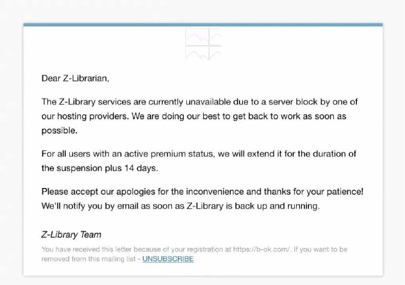 #资讯Zlib仍回归的可能性根据Zlib给会员发送的邮件显示，Zlib由于使用美国服务器，所以美国政府有权利扬了它而Zlib正在努力恢复，也就是应该在找其他服务器供应商📢频道：@geekshare💬群组：@igeekshare📮投稿：@Geekshare_bot