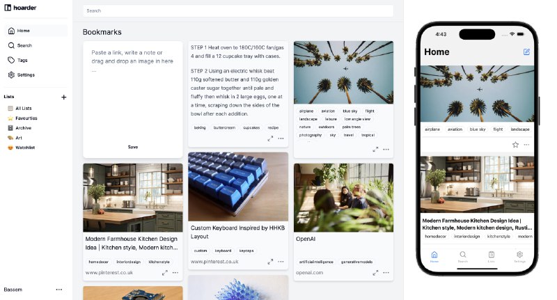 #开源 #书签管理 #工具🔗 Hoarder - 一个支持 AI 标记的书签管理程序🌐开源地址 | 🌐Chrome商店📄给它一个链接，它便会自动获取链接内容，添加书签、描述、封面图、分类