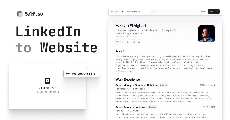#简历 #在线生成👤 Self.so - 一个开源的个人网站生成器🌐 在线使用上传 PDF 格式简历，网站会通过 Qwen 2.5 72B 提取 PDF 信息生成个人网站并支持生成访问链接识别效果和呈现效果都不错📮投稿    📢频道    💬群聊    🔎索引